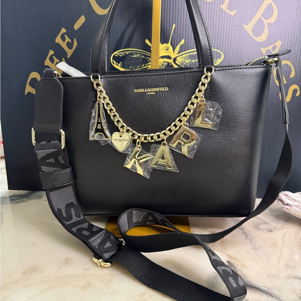 NWT Karl Lagerfeld Paris Black Leather Tote Crossbody Gold Charm Chain